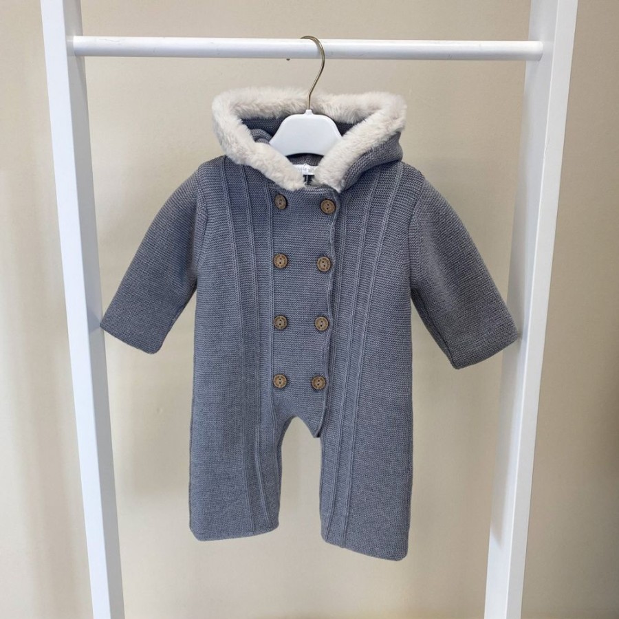 Clothing Millie & Ralph Jackets, Coats & Pramsuits | Mid Grey Knitted Fur Pramsuit