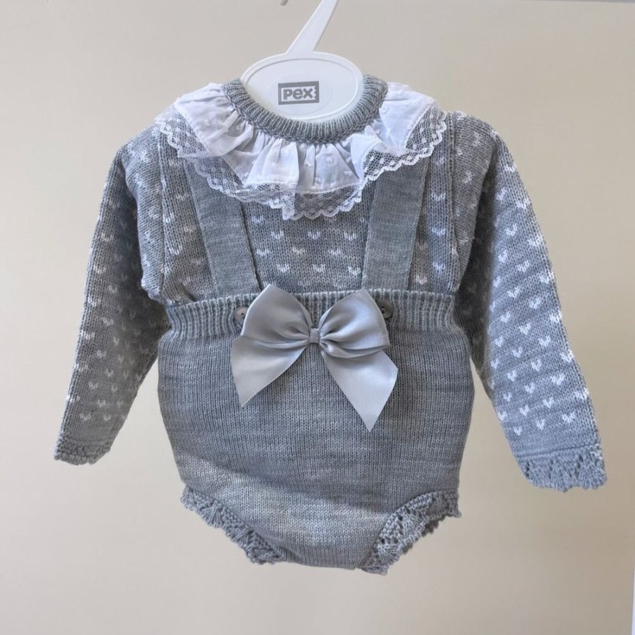 Clothing Pex Knitwear | Phoebe' Grey White Knitted Bow Dungaree Romper