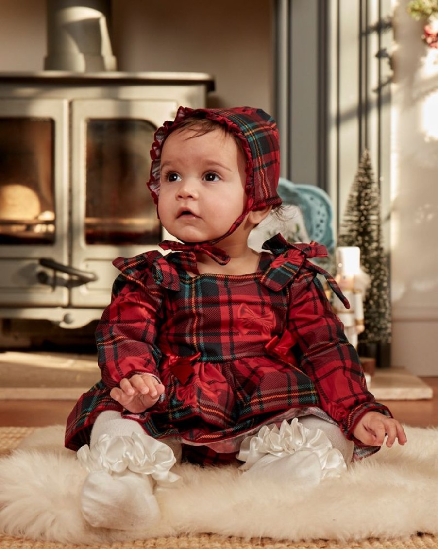 Clothing Caramelo Dresses | Traditional Tartan Bow Dress & Bonnet Set