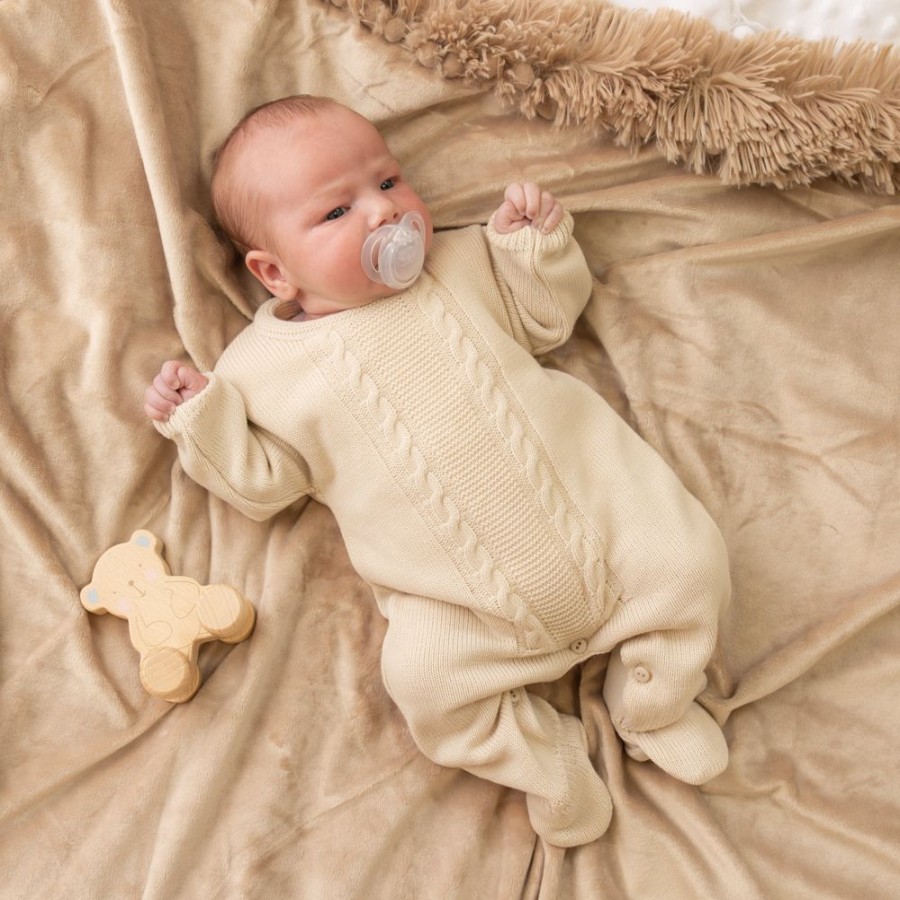 Clothing Dandelion Knitwear | Unisex Cable Knitted Taupe Baby Onesie | Millie & Ralph