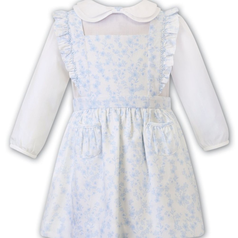 Clothing Sarah Louise Dresses | White Blue Pretty Floral Pinafore Dress Set