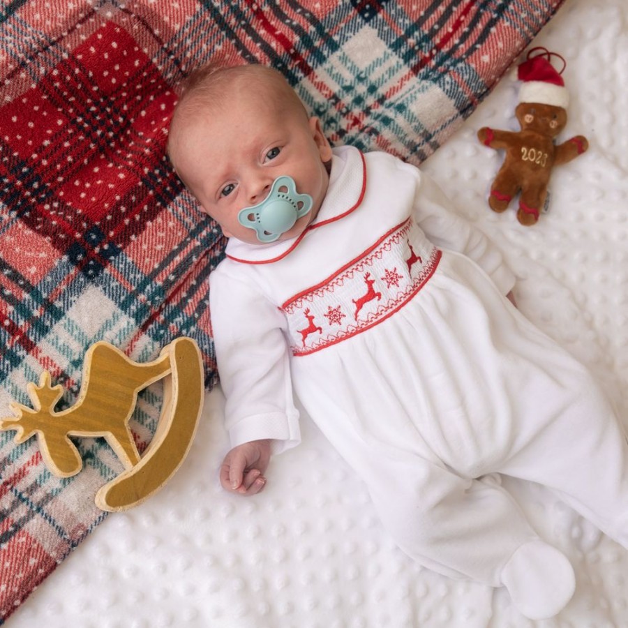 Clothing Millie & Ralph Sleepsuits | White & Red Leaping Reindeer Velour Sleepsuit