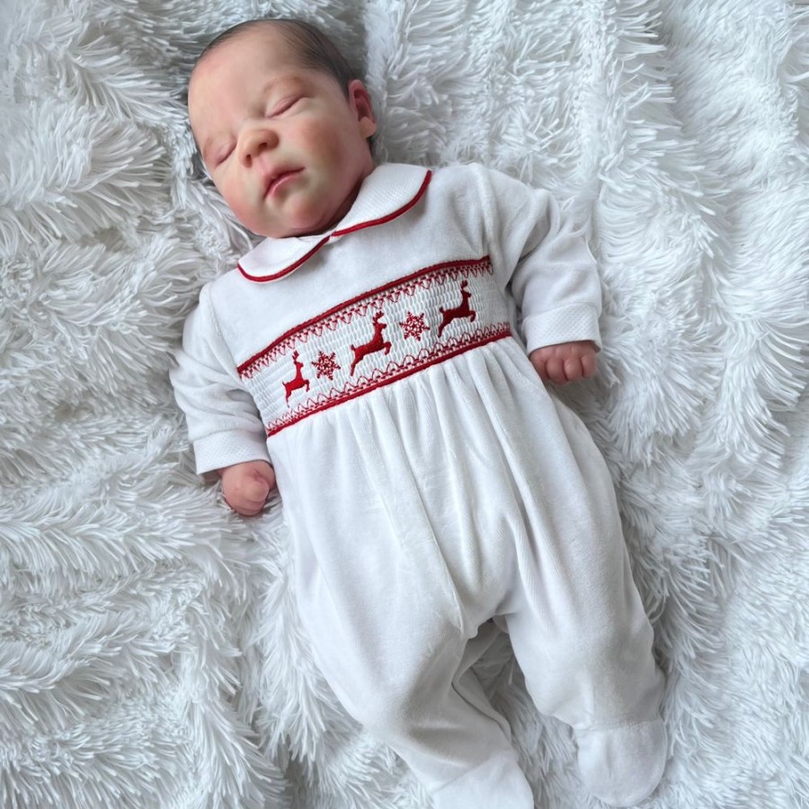 Clothing Millie & Ralph Sleepsuits | White & Red Leaping Reindeer Velour Sleepsuit