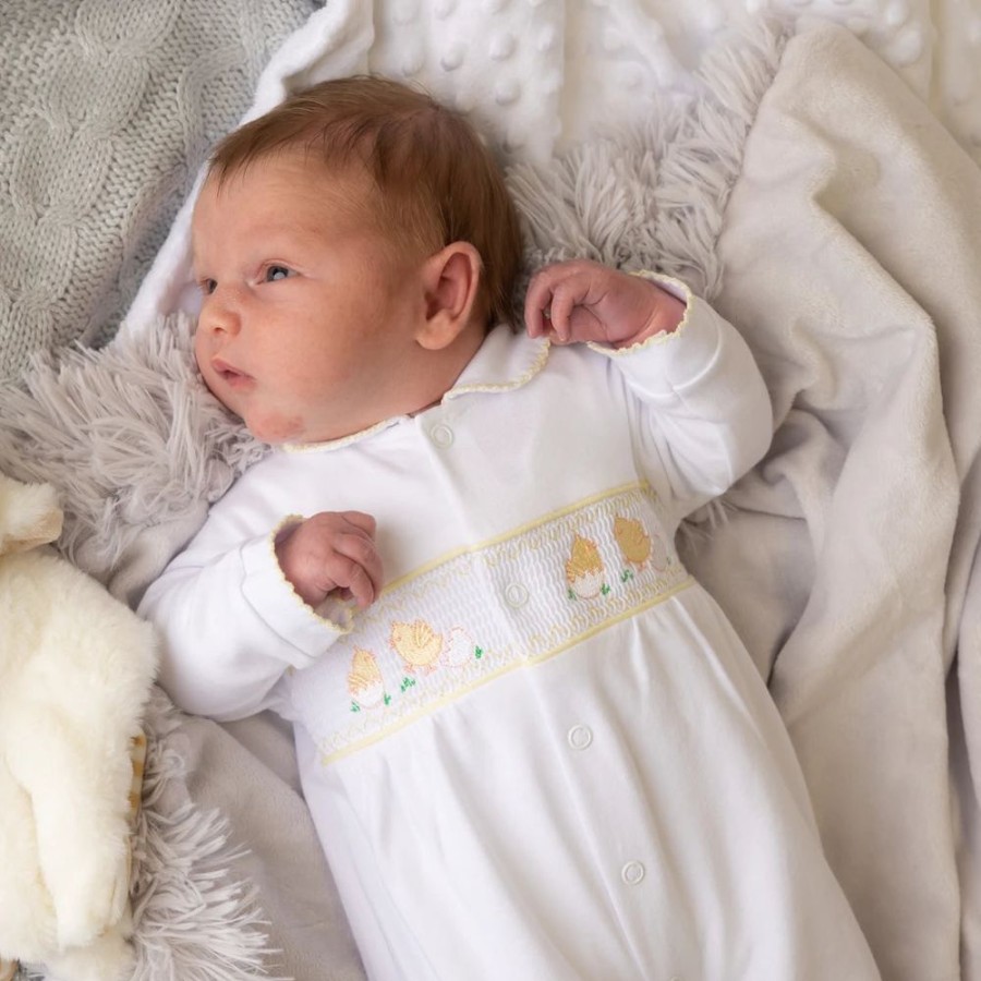 Clothing Dandelion Sleepsuits | White & Lemon 'Little Chicks' Smocked Sleepsuit