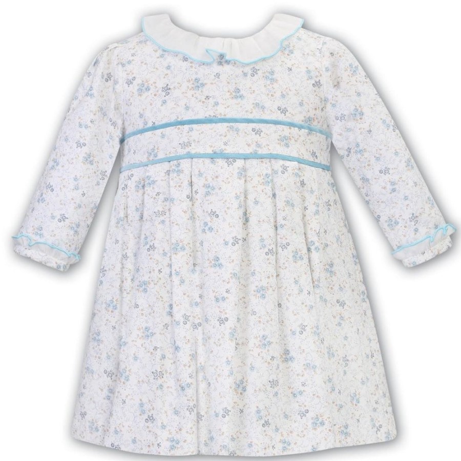 Clothing Sarah Louise Dresses | White & Blue Floral Dress With Frill Detail