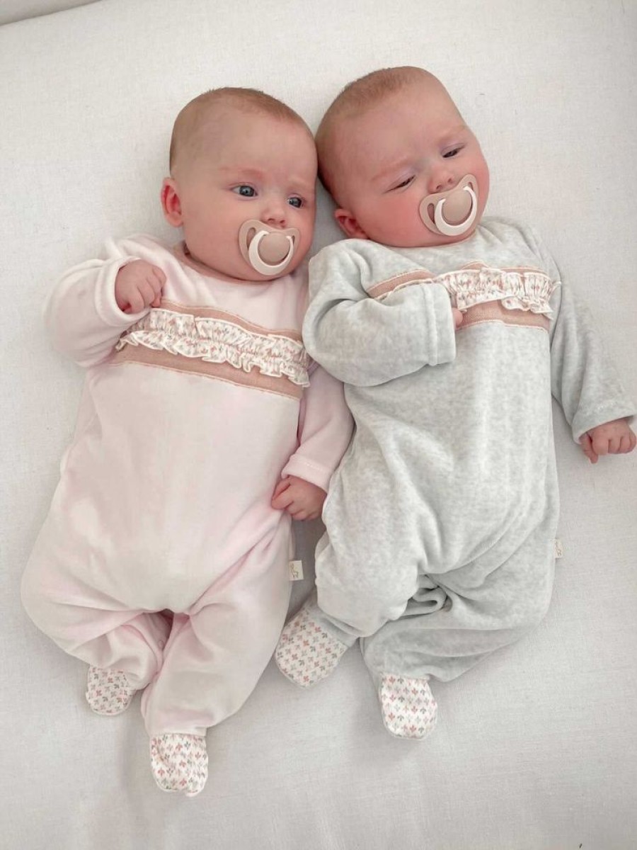 Clothing Millie & Ralph Sleepsuits | Grey Pink Velour Leaf Print Panel All In One