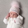 Clothing Millie & Ralph Hats | Personalised First Size Pink & Silver Single Fur Pom Hat