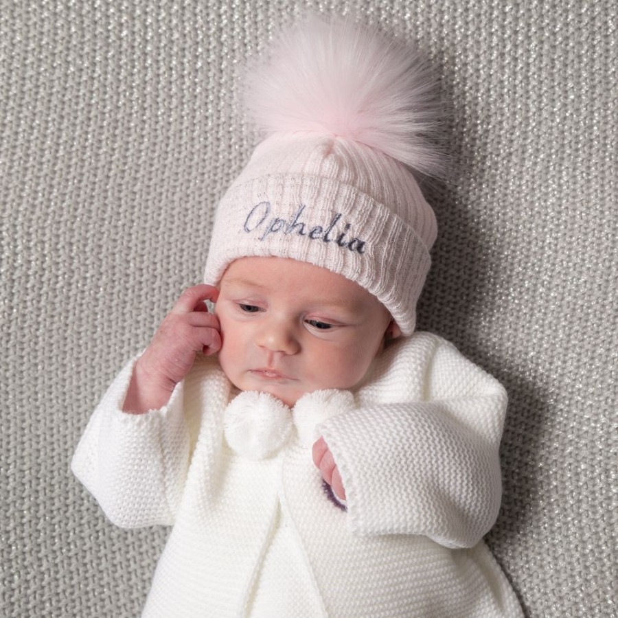 Clothing Millie & Ralph Hats | Personalised First Size Pink & Silver Single Fur Pom Hat