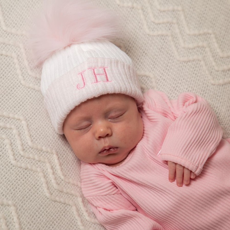 Clothing Millie & Ralph Hats | Personalised First Size Pink & Silver Single Fur Pom Hat