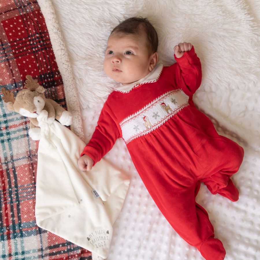 Clothing Dandelion Sleepsuits | Red Velour Reindeer Smocked Sleepsuit