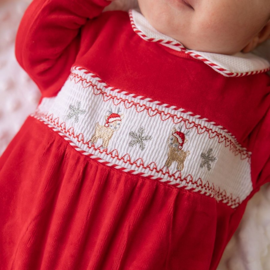 Clothing Dandelion Sleepsuits | Red Velour Reindeer Smocked Sleepsuit