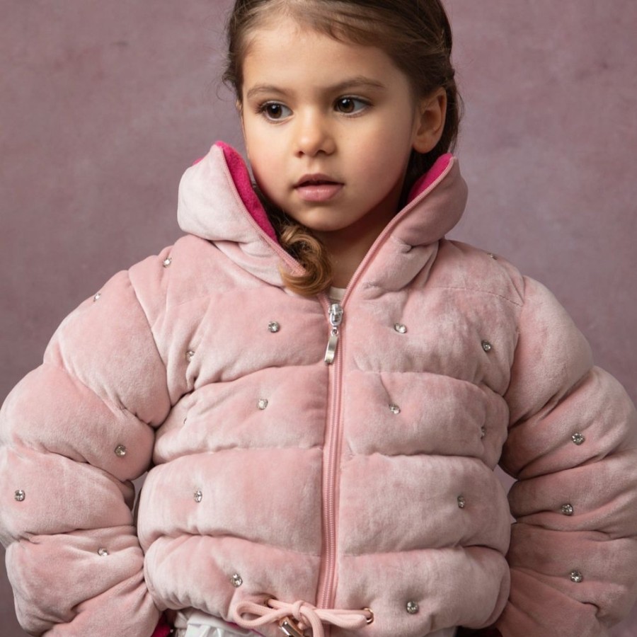 Clothing Caramelo Jackets, Coats & Pramsuits | Pink Velour Diamonte Puffer Jacket