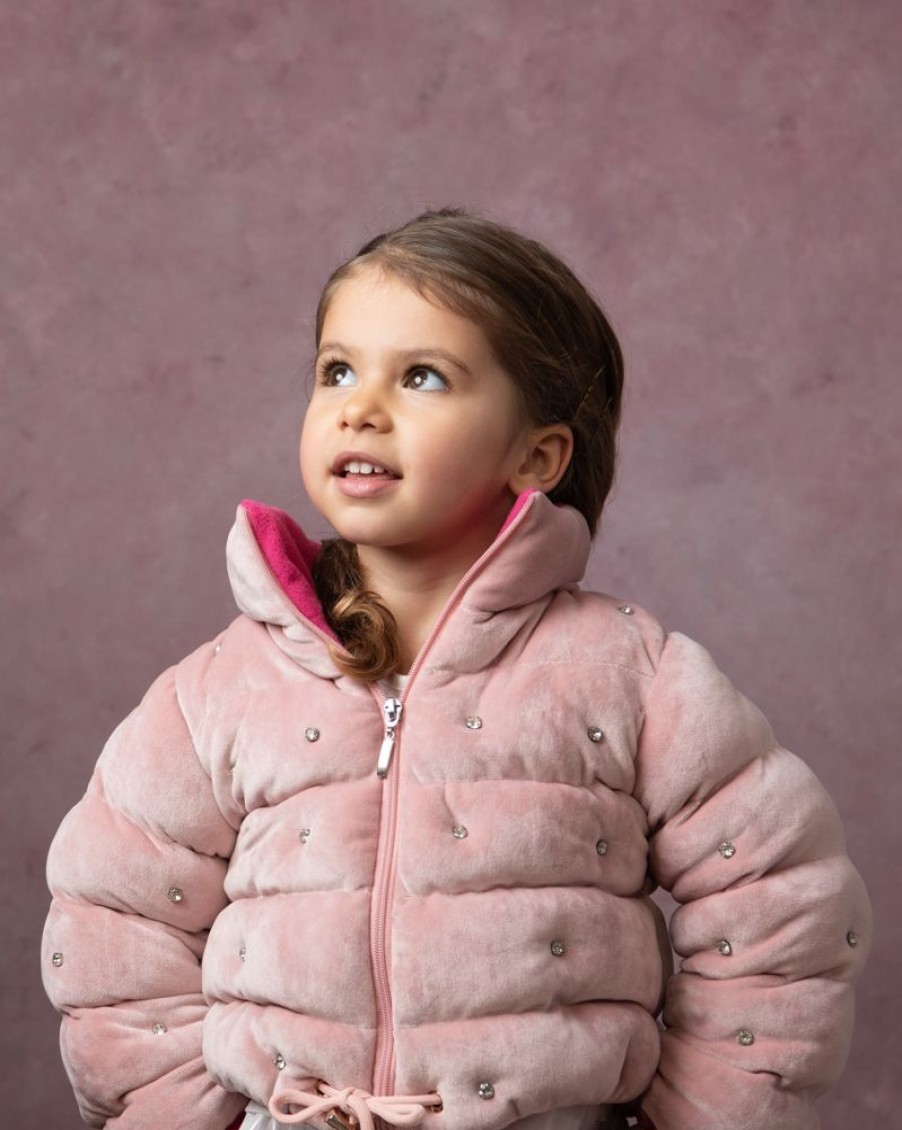 Clothing Caramelo Jackets, Coats & Pramsuits | Pink Velour Diamonte Puffer Jacket