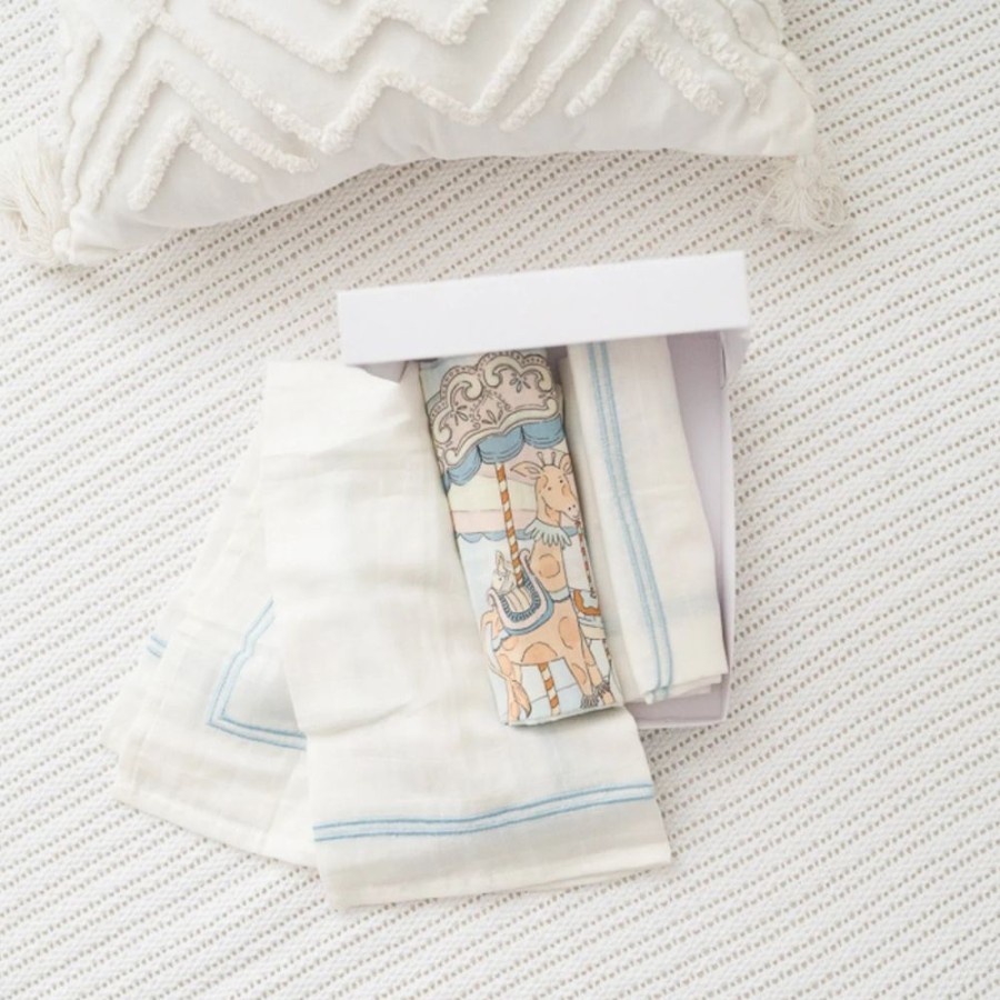 Nursery & Home Gilded Bird Bedding & Sleepwear | Gilded Bird Muslin Swaddle Set Of 3 - Carousel Blue Stripe