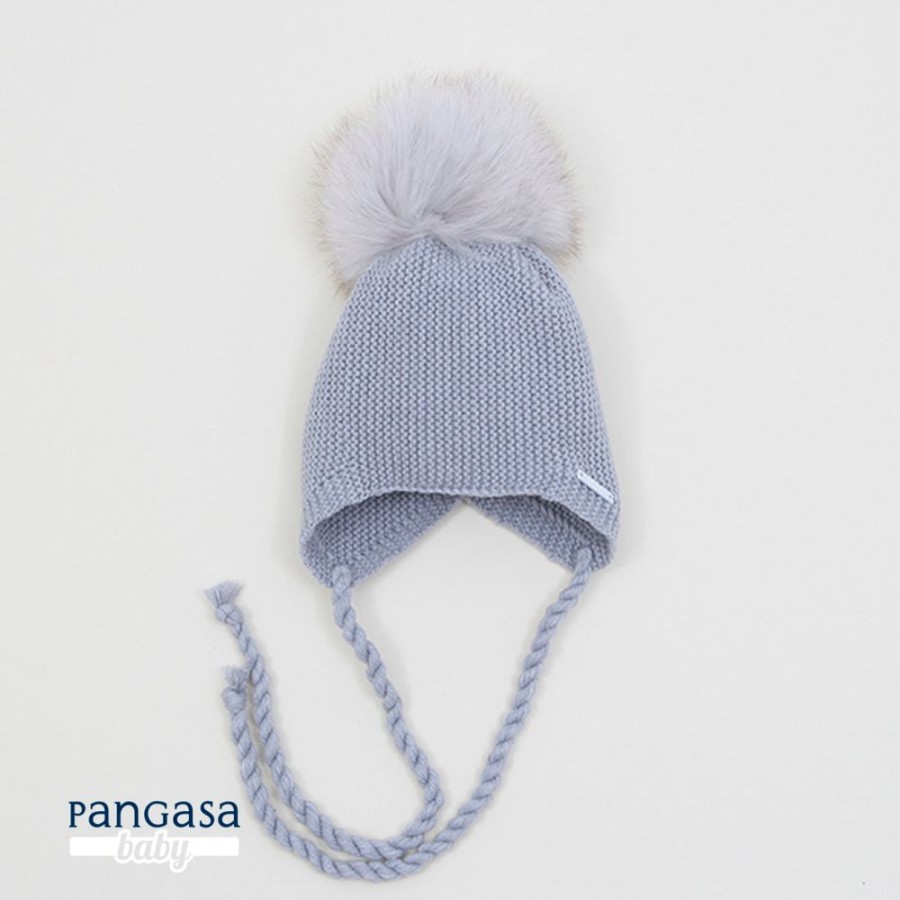 Clothing Pangasa Hats | Pangasa Grey Knitted Fur Pom Tie Hat