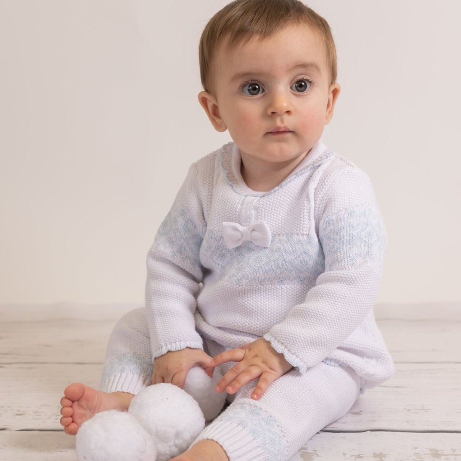 Clothing Sarah Louise Knitwear | White Blue Bow Fairisle Knitted 2 Piece Set