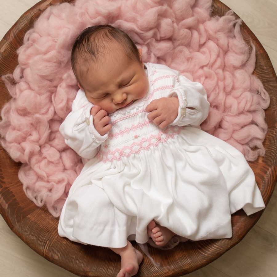 Clothing Sarah Louise Outfits | White Pink Smocked Rosebud Long Sleeve Dress