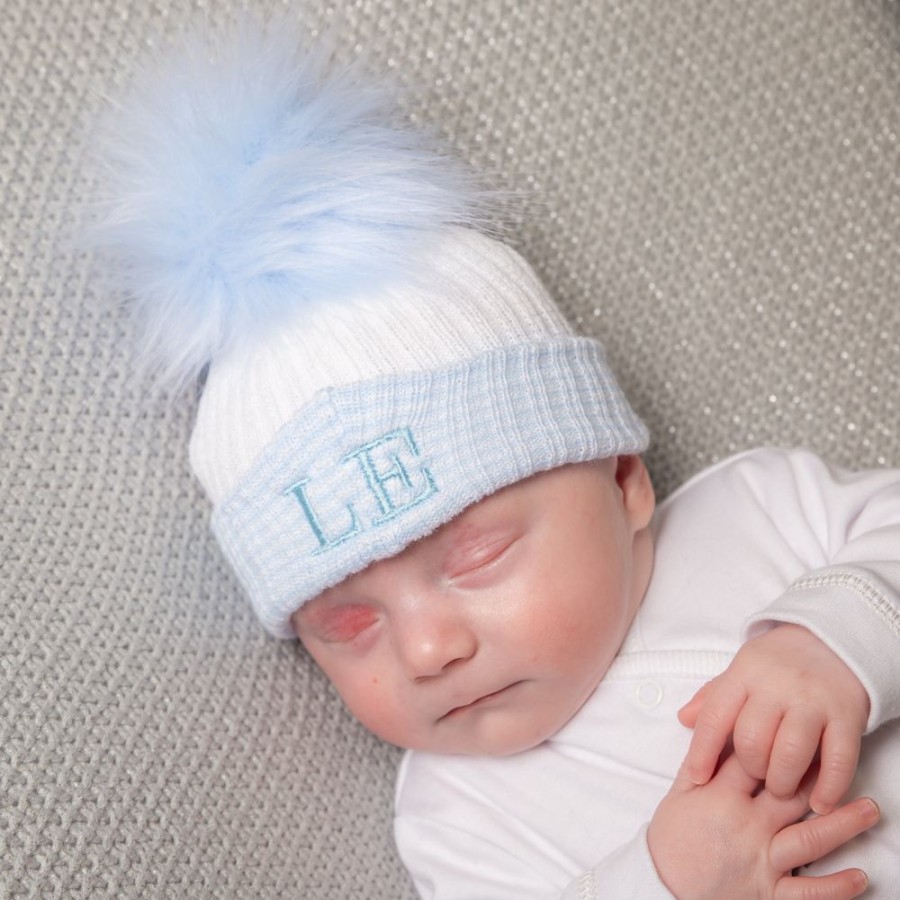 Personalised Millie & Ralph | Personalised First Size White & Blue Single Fur Pom Hat