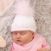 Clothing Millie & Ralph Hats | Personalised First Size White & Pink Single Fur Pom Hat