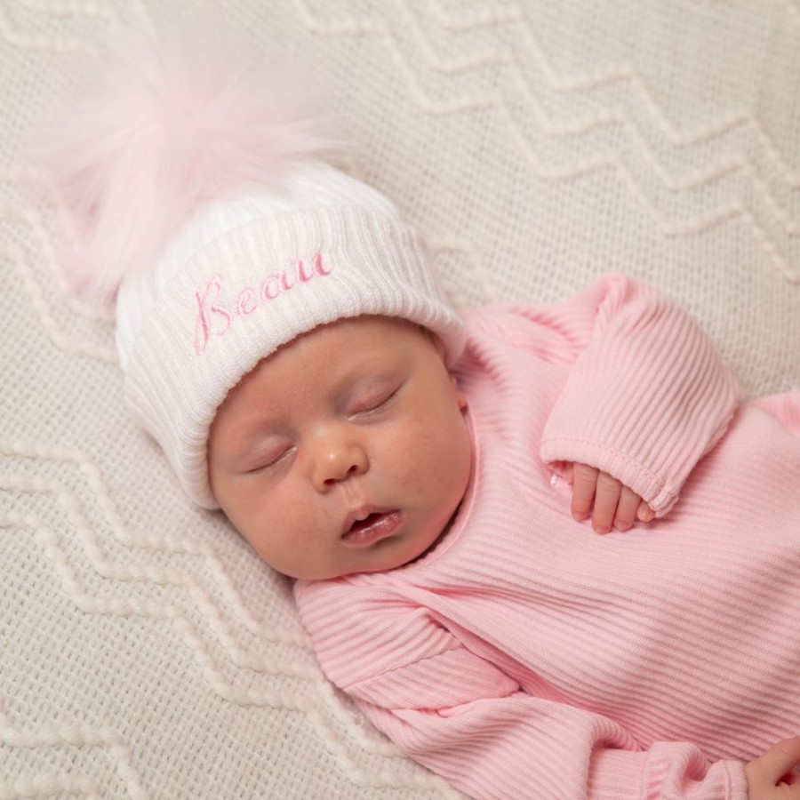 Clothing Millie & Ralph Hats | Personalised First Size White & Pink Single Fur Pom Hat