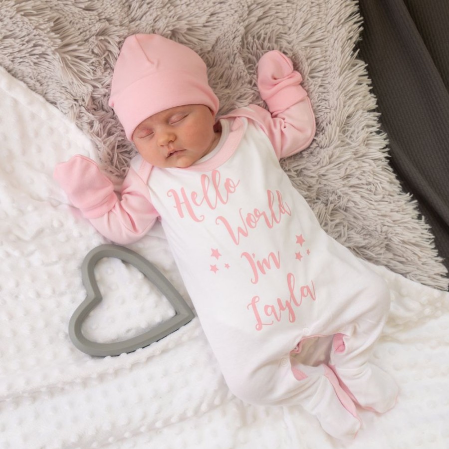 Personalised Millie & Ralph | Hello World I'M...' Pink Contrast Sleepsuit Set | Millie & Ralph