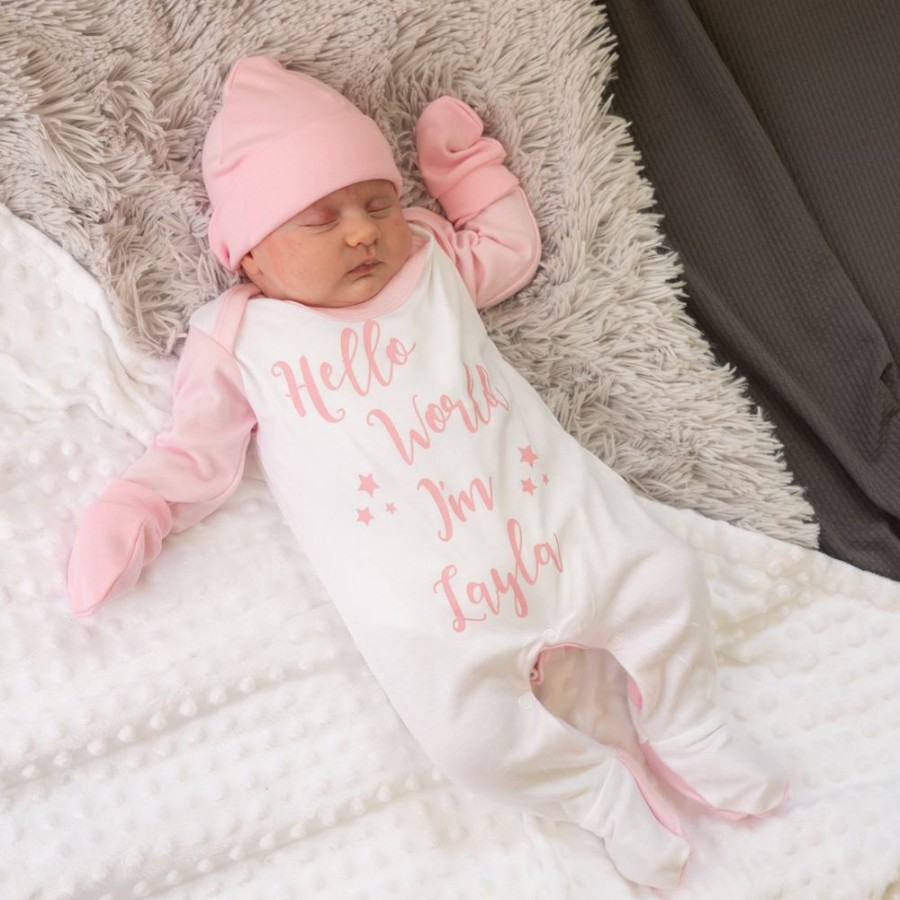 Personalised Millie & Ralph | Hello World I'M...' Pink Contrast Sleepsuit Set | Millie & Ralph