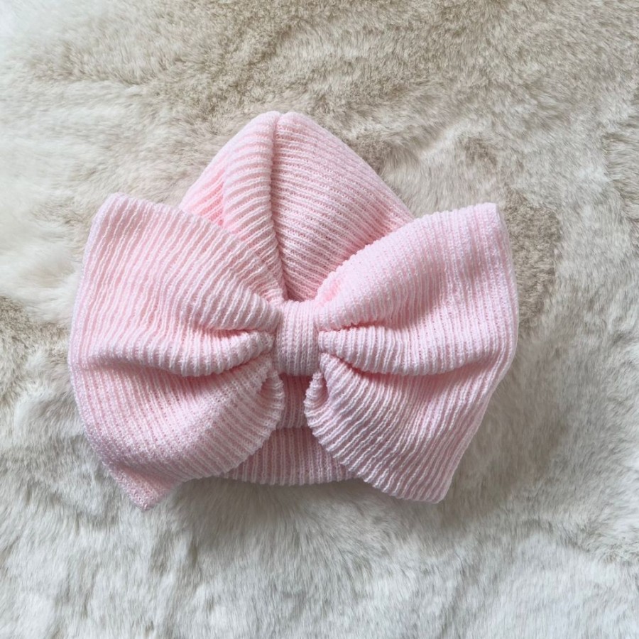 Clothing Millie & Ralph Knitwear | Large Bow Knitted Pink Turban Hat