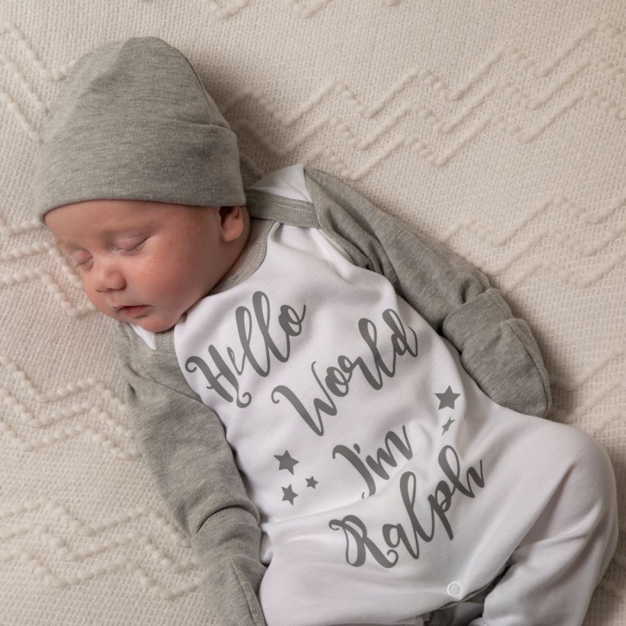 Personalised Millie & Ralph | Hello World I'M..' Dark Grey Contrast Sleepsuit Set | Millie & Ralph