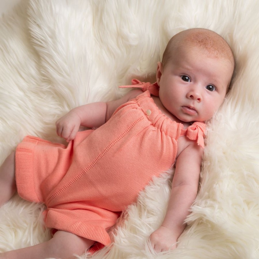 Clothing Millie & Ralph Knitwear | Coral Tie Shoulder Frill Knitted Romper