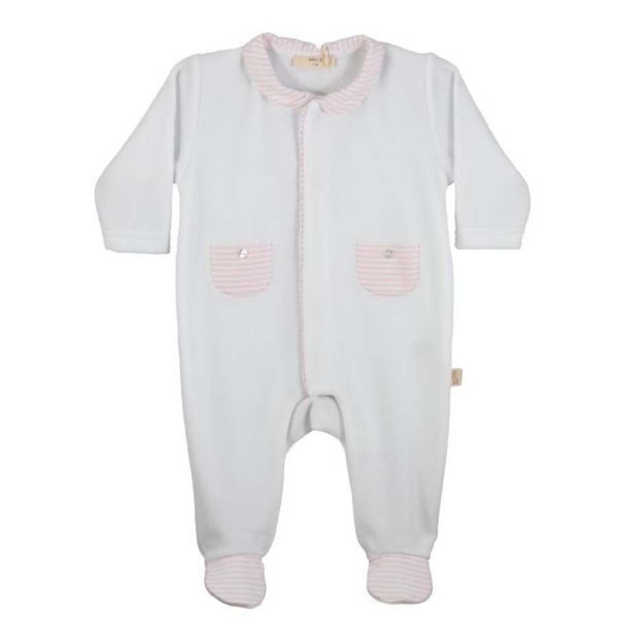 Clothing Millie & Ralph Sleepsuits | White/Pink Striped Velour Sleepsuit