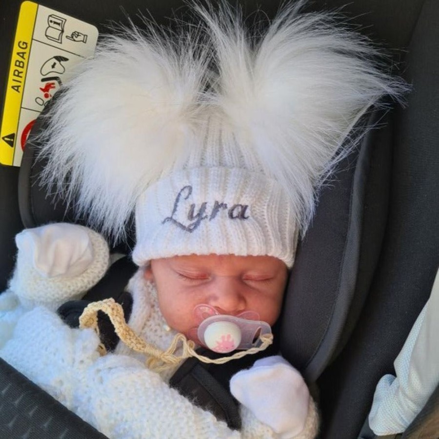 Clothing Millie & Ralph Hats | Personalised Name White Double Pom Hat