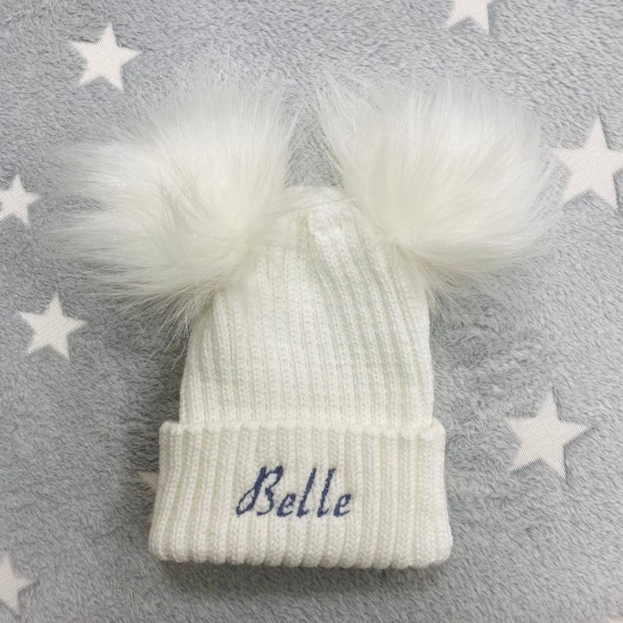 Clothing Millie & Ralph Hats | Personalised Name White Double Pom Hat