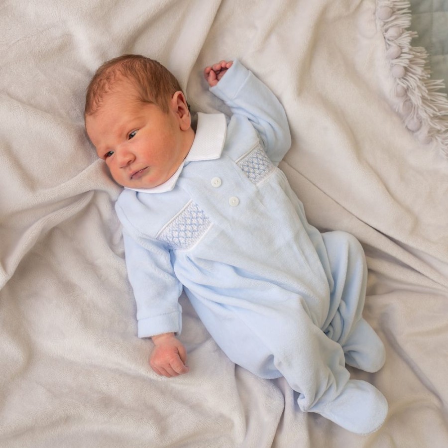 Clothing Millie & Ralph Sleepsuits | Blue Button Smocked | Velour Sleepsuit | Millie & Ralph