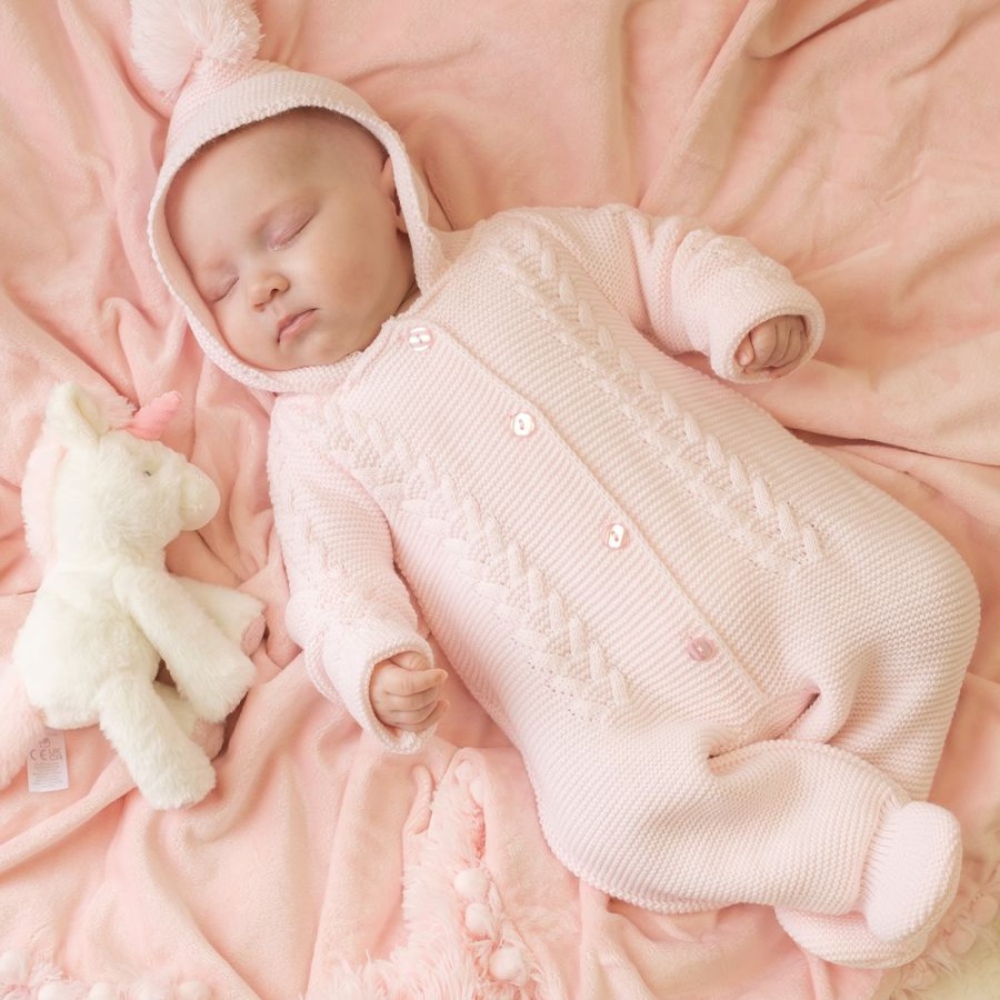 Clothing Dandelion Jackets, Coats & Pramsuits | Pink Knitted Hooded Pramsuit