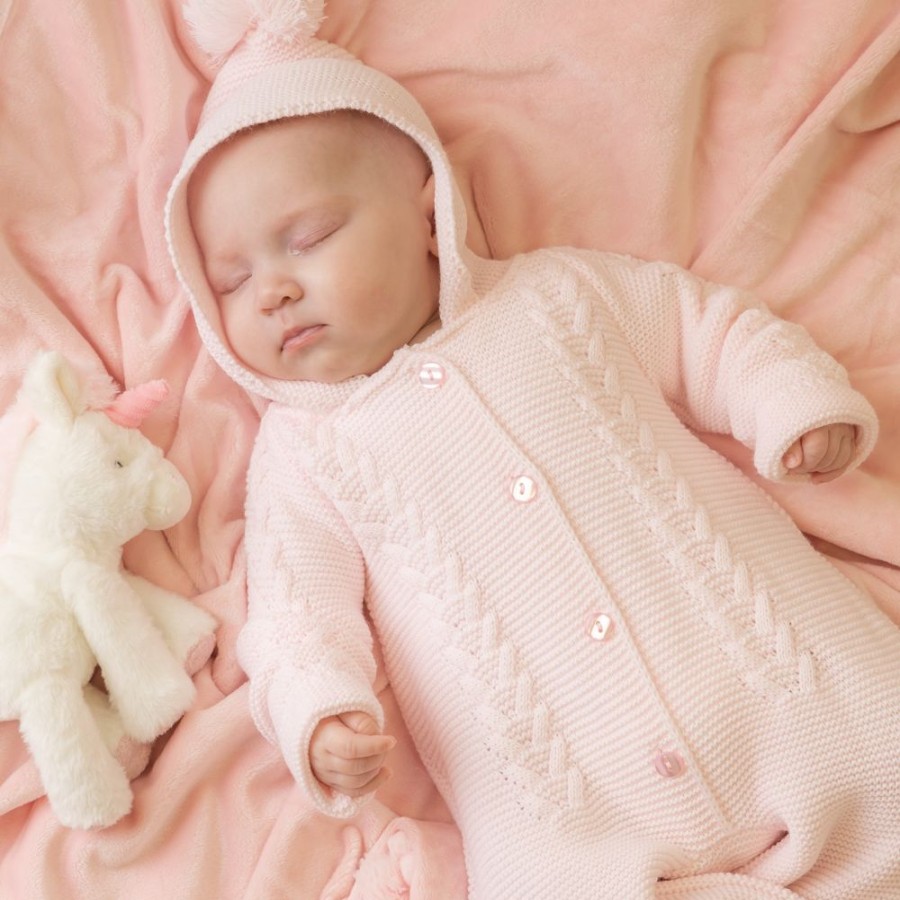 Clothing Dandelion Jackets, Coats & Pramsuits | Pink Knitted Hooded Pramsuit