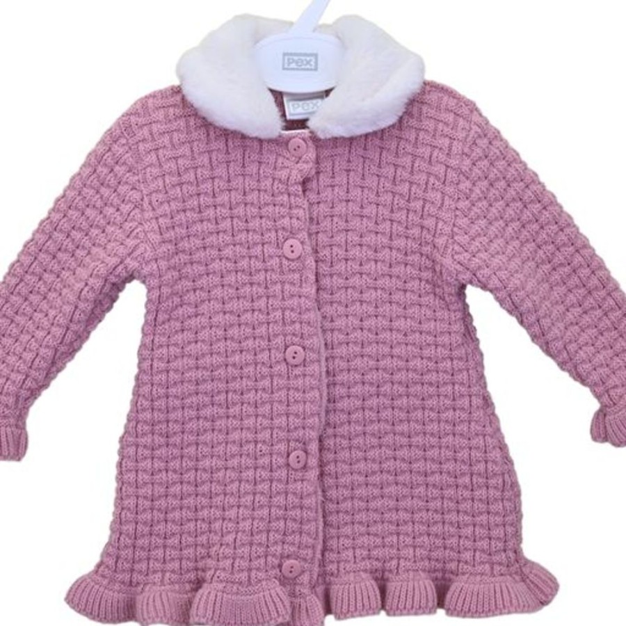 Clothing Pex Knitwear | Kayleigh' Dusky Pink Cream Cross Knitted Fur Collar Coat