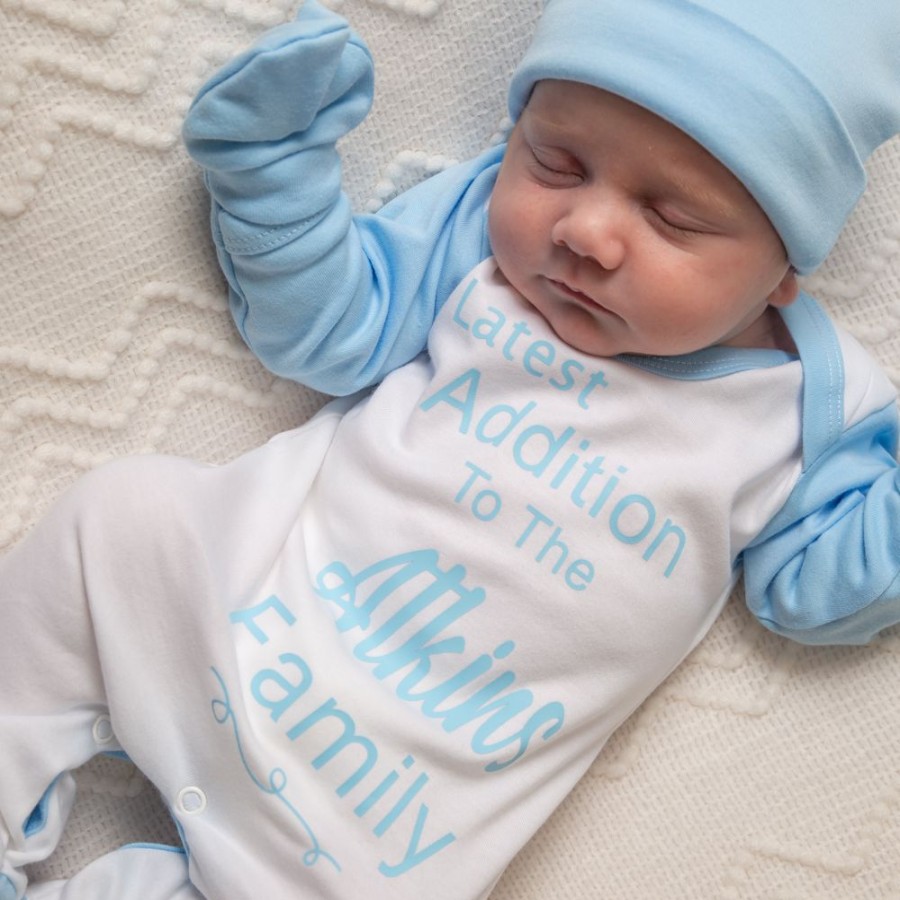 Clothing Millie & Ralph Sleepsuits | Personalised 'Latest Addition To The...Family' Blue Sleepsuit Set