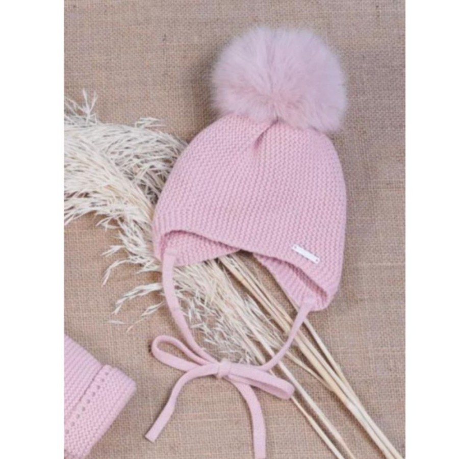 Clothing Pangasa Hats | Pangasa Pink Knitted Fur Pom Tie Hat