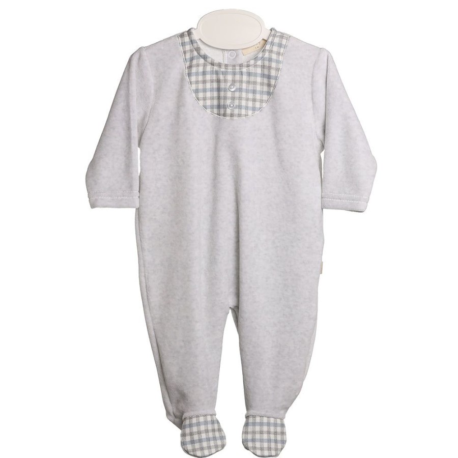 Clothing Millie & Ralph Sleepsuits | Grey Velour Gingham Chest Detail All In One