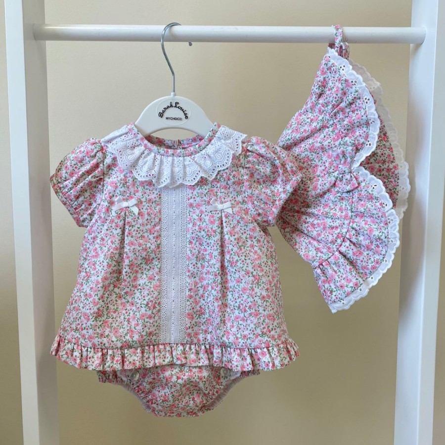 Clothing Sarah Louise Outfits | Pink Flower & Lace Dress, Bloomers & Sunhat Set