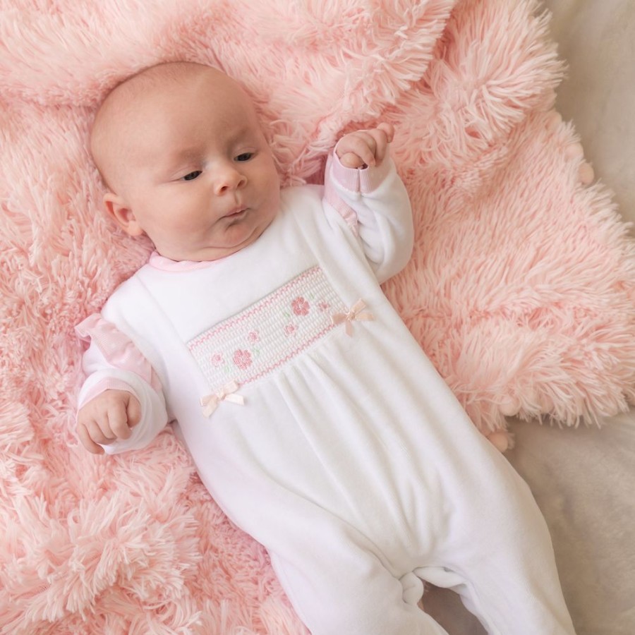 Clothing Millie & Ralph Sleepsuits | Floral Sleepsuit | White & Pink Smocked | Millie & Ralph