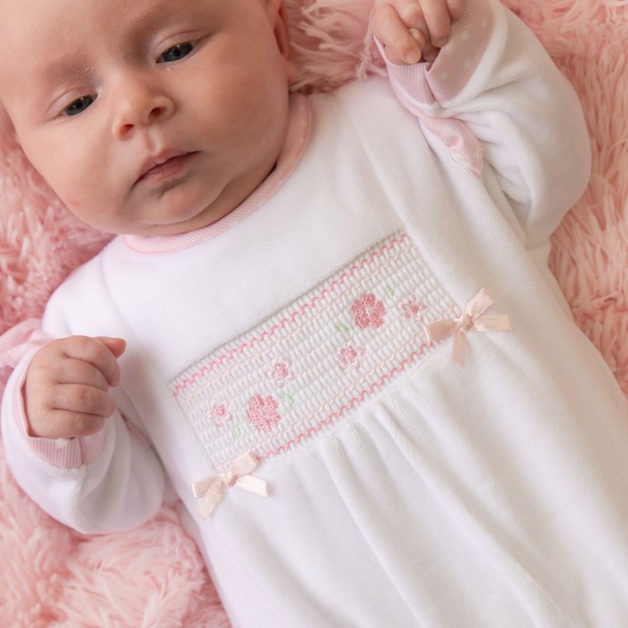 Clothing Millie & Ralph Sleepsuits | Floral Sleepsuit | White & Pink Smocked | Millie & Ralph