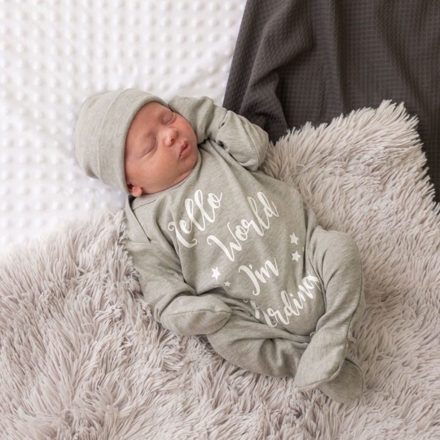 Personalised Millie & Ralph | Personalised 'Hello World I'M...' Grey Sleepsuit Set | Millie & Ralph