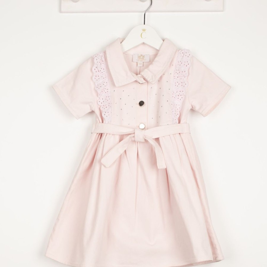 Clothing Caramelo Outfits | Pink Denim Frill Diamante Dress