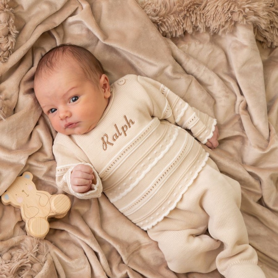 Personalised Dandelion | Personalised Beige Pointelle Knitted Set