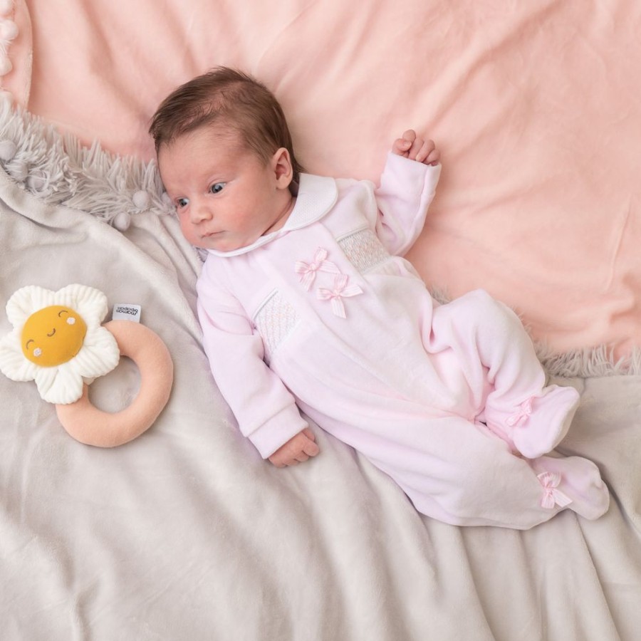 Clothing Millie & Ralph Sleepsuits | Velour Sleepsuit | Pink Bow Smocked | Millie & Ralph