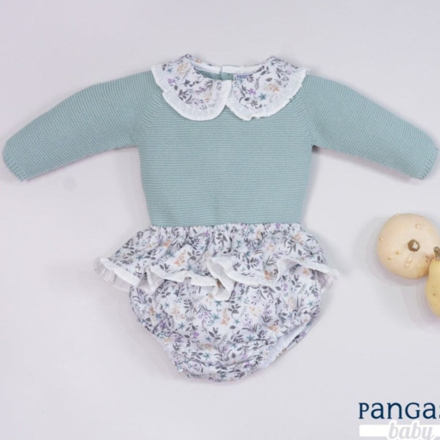 Clothing Pangasa Knitwear | Pangasa Soft Green Leaf Print Knitted Bloomers Set