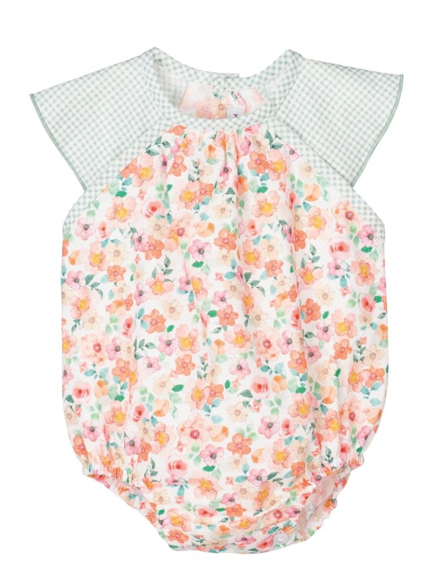 Clothing Calamaro Rompers | Girls Floral Gingham Sleeve Lightweight Cotton Romper