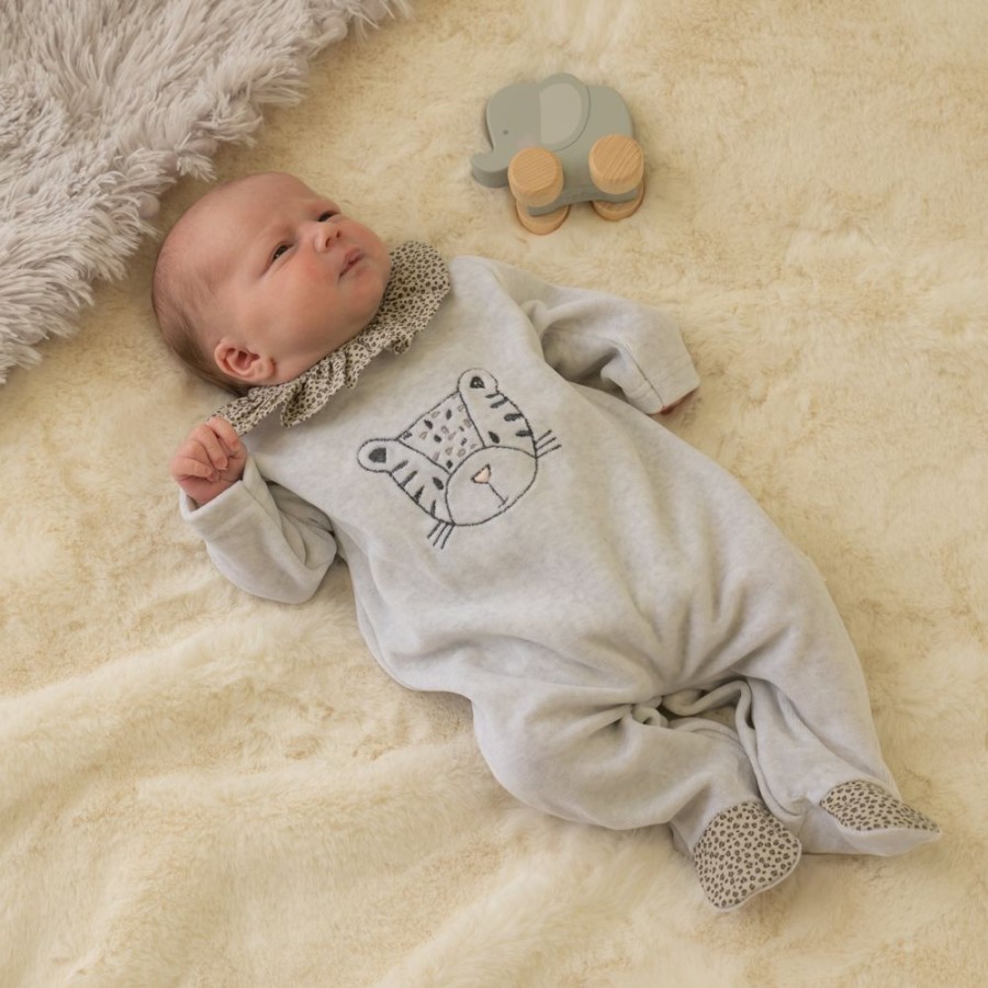 Clothing Millie & Ralph Sleepsuits | Grey Velour Leopard Sleepsuit - Ruffle Collar | Millie & Ralph