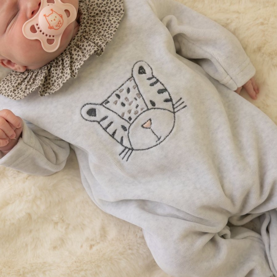 Clothing Millie & Ralph Sleepsuits | Grey Velour Leopard Sleepsuit - Ruffle Collar | Millie & Ralph